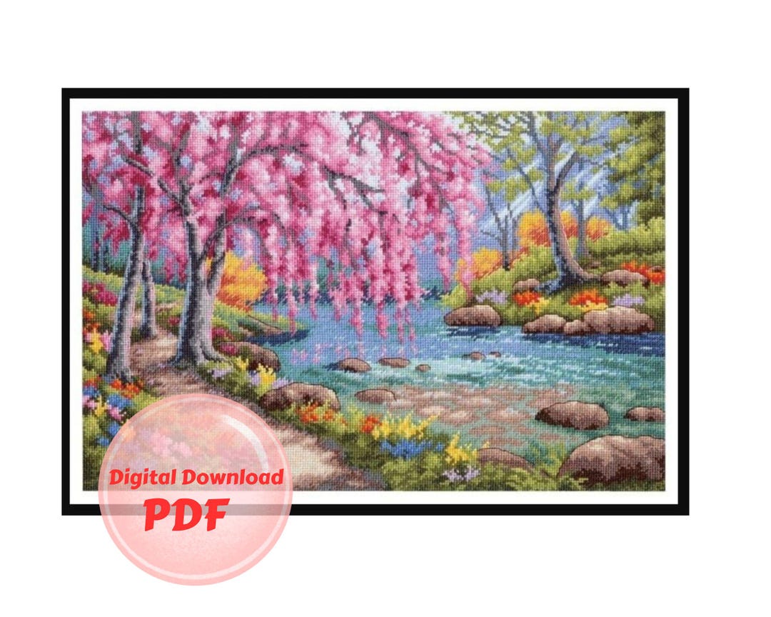 Lake and Cherry Blossoms Cross Stitch Pattern (PDF) - Etsy