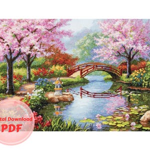 Kruissteekkaart - Japanse tuin, roze tuin, getelde kruissteek / pdf-bestand / direct downloaden/digitaal bestand/kruissteekpatroon
