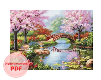 Japanese Garden Cross Stitch Chart: Pink Blossoms (PDF Pattern)