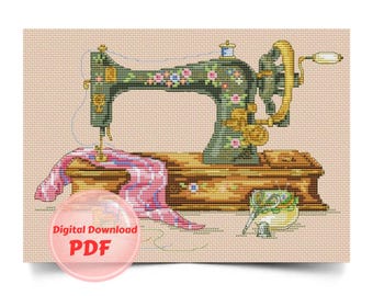 花のクロスステッチキットのヴィンテージミシン、刺繍用レトロシンガー