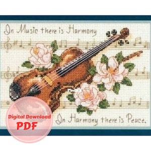 Puede incluir: Patrón de punto de cruz con un violín con rosas y notas musicales. El texto dice "In Music there is Harmony. In Harmony there is Peace."