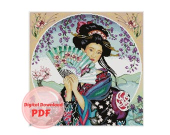Geisha Cross Stitch Pattern: Japanese Woman with Fan (PDF Pattern)