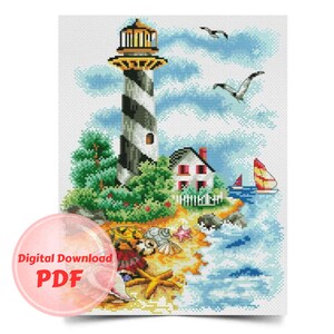 Cross Stitch Pattern - Lighthouse with Sea Treasures -Counted Cross Stitch Design/Instant Digital Download/PDF Files