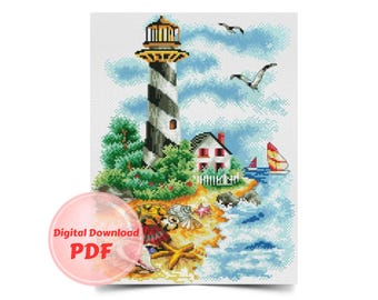 Modèle de point de croix phare : motif trésors de la mer (fichiers PDF)