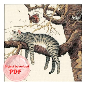 Cross Stitch Pattern - Too Tired - Cat Counted Cross Stitch Pattern / PDF File / Digital File / Instant Download