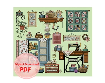Sewing Room Cross Stitch Pattern: Counted Aida, DMC Colors (PDF)