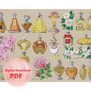 May include: A cross-stitch pattern featuring a variety of perfume bottles with floral accents. The bottles are in various shapes and sizes, with some featuring intricate designs. The pattern includes flowers such as orchids, roses, and jasmine.