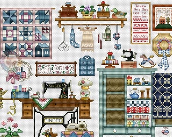 May include: Cross-stitch sampler featuring a sewing room scene. The image includes a Singer sewing machine, a cabinet with shelves, and various decorative items. A quilt with geometric patterns is also visible.