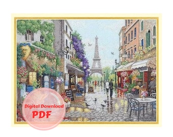 Paris Street Scene Cross Stitch Pattern: Eiffel Tower, Love Theme (PDF Pattern)