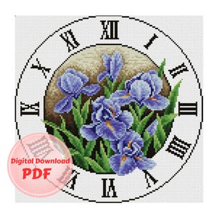 Cross Stitch Pattern - Clock with Irises - Counted Cross Stitch Pattern /PDF File / Digital File