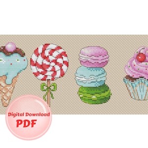 Peut inclure: Motif de point de croix représentant des sucreries. Comprend une glace, une sucette tourbillonnante rouge et blanche, des macarons empilés et un cupcake. Les mots "Digital Download PDF" sont dans un cercle rose.