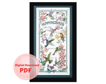 May include: A cross-stitch pattern featuring a variety of hummingbirds with their names, including the Green Violet-ear, Buff-bellied, and Calliope. The pattern is surrounded by flowers and leaves.