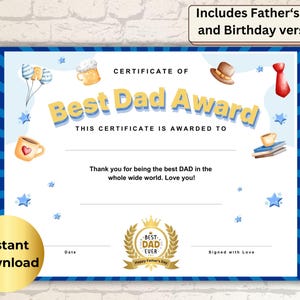 Personalized Best Dad Award Certificate-3 version: Father&#39;s Day, Birthday & Plain, Instant Download Gift for Dad from Kids, DIY Keepsake
