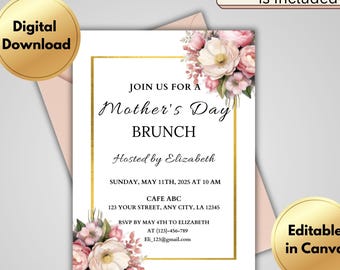 Editable Mother’s Day Brunch Invitation | Digital Floral Invite Template | Spring Party | Instant Download Canva Invitation | E-Invite DIY
