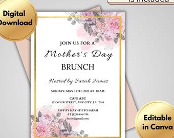 Editable Mother’s Day Brunch Invitation | Digital Floral Invite Template | Spring Party | Instant Download Canva Invitation | E-Invite DIY