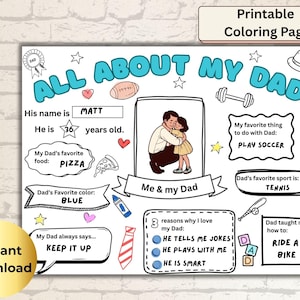 All about my Dad Printable Coloring Page, Happy Father's Day Gift, Happy Birthday Dad Craft,  Gift for Dad, Fill-in Template for kids, DIY