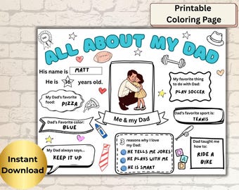 All about my Dad Printable Coloring Page, Happy Father's Day Gift, Happy Birthday Dad Craft,  Gift for Dad, Fill-in Template for kids, DIY
