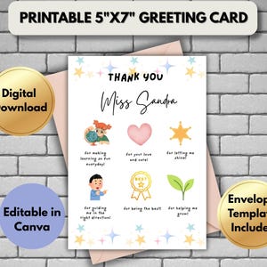 imprimable de remerciement pour professeur | Modèle de carte pliable | Modifiable et téléchargement instantané | Enseignante de maternelle | Carte de remerciement | Cadeau professeur