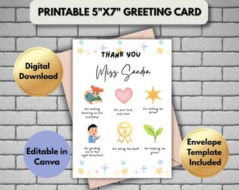 Printable Teacher Thank You Card | Foldable Card Template | Editable & Instant Download | Nursery Teacher | Appreciation Card | Teacher gift