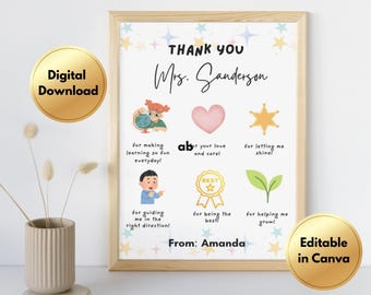 Printable Teacher Appreciation Card, Thank You Card for Teacher, Editable & Instant Download, Customizable Teacher Frame, End of Year gift