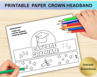 Corona de papel imprimible para graduación de guardería / Corona de papel DIY para niños / Gorro de graduación preescolar / Sombrero de fiesta de descarga instantánea, preescolar, maestro