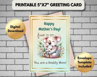 Tarjeta de felicitación imprimible para el Día de la Madre / Lindo koala imprimible con descarga digital para mamá / Feliz Día de la Madre / Regalo para mamá