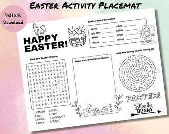 Druckbares Oster-Tischset | Spaß Kinder Osterspiel | Wortsuchlauf | Labyrinth | Malvorlage | Sofortdownload