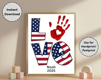 4. Juli LOVE Handabdruck Kunst, Patriotischer Juli 4th Handabdruck Handwerk, Kinder Vorschulaktivität, DIY Baby Andenken, druckbare PDF