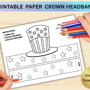 4th of July Paper Crown Headband, Printable USA Independence Day Craft Activity, DIY End of Year School Classroom craft, Coloring Page, Kids