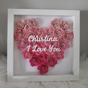 Heart Flower Shadow Box | Custom Gift  perfect for Valentine&#39;s Day, Anniversary, Birthday, Mother&#39;s Day | Paper Rose Shadow Box | Handmade