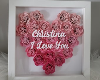 Herzblumen-Schattenbox | Individuelles Geschenk perfekt zum Valentinstag, Jahrestag, Geburtstag, Muttertag | Papier Rose Shadow Box | Handgefertigt