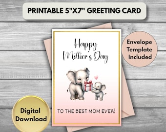 Tarjeta de felicitación imprimible para el Día de la Madre / Tarjeta de felicitación imprimible con descarga digital de un lindo elefante para mamá / Feliz Día de la Madre / Regalo para mamá