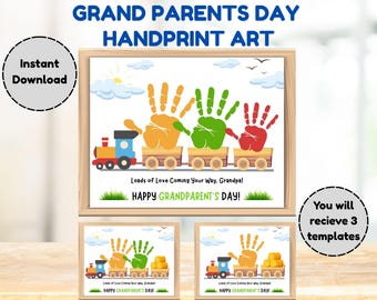 Manualidad con huellas de manos para el Día de los Abuelos, Arte con huellas de manos para varios niños, Regalo para el Día de los Abuelos, Arte con huellas de manos en tren "Loads of Love", Recuerdo DIY