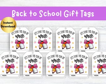 Etiqueta de regalo imprimible para el regreso a clases, etiquetas de regalo para maestros y estudiantes, comencemos este año escribiendo, regalo del primer día de clases, etiqueta de recuerdo escolar