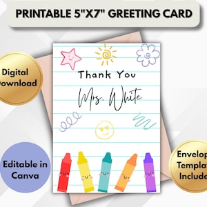 imprimable de remerciement pour professeur | Modèle de carte pliable | Modifiable et téléchargement instantané | Enseignante de maternelle | Carte de remerciement | Cadeau professeur