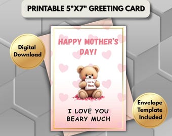 Tarjeta de felicitación imprimible para el Día de la Madre / Tarjeta de felicitación imprimible con descarga digital de oso lindo para mamá / Feliz Día de la Madre / Regalo para mamá