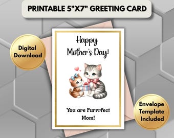 Biglietto di auguri stampabile per la festa della mamma / Biglietto di auguri digitale stampabile con simpatico gatto per la mamma / Buona festa della mamma / Regalo per la mamma