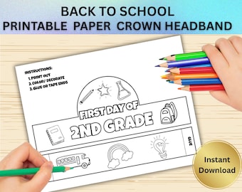 Diadema de papel con forma de corona para el primer día de segundo grado, diadema imprimible para niños, manualidad para la vuelta al cole, actividad para el aula, segundo grado
