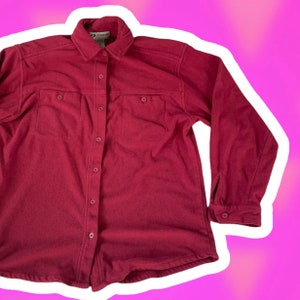Vintage Medium Fleece Long Sleeved Button Down Collared Red Sportif USA Unisex Top Chest Pockets 100% Polyester Chest 46 Length 25
