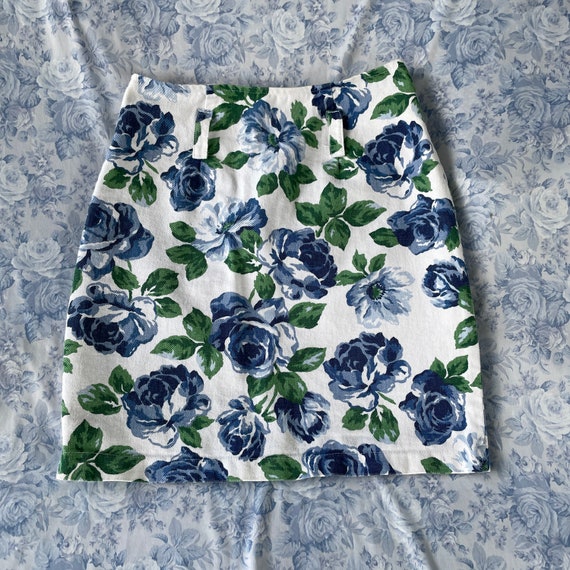 Vintage Made in USA 90s Floral Denim Skirt Blue R… - image 4