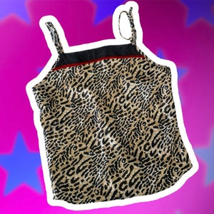 Vintage Delicates Double Strapped Cheetah Print Lingerie Cami Top 90s Bratz Doll Aesthetic Silky Smooth Mesh Panel