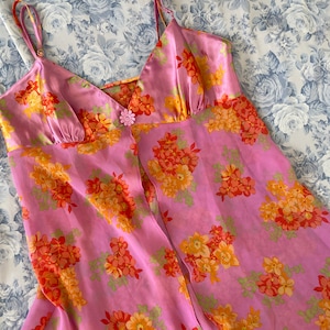 Vintage Open Partially Sheer y2k Baby Doll Adjustable Straps Bright Pink Top Orange Floral Print Green Leaves Small Cups are not sheer