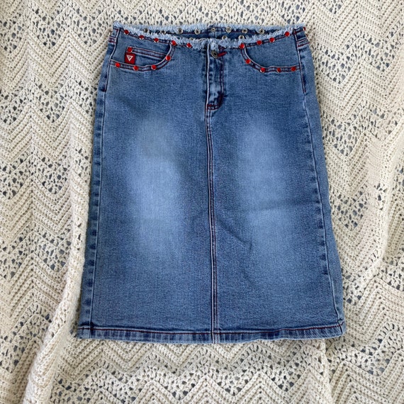 Vintage Guess Skirt 90s Mid Rise Raw Hem Rhinesto… - image 1