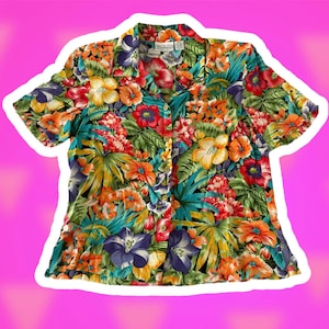 Vintage Patchington Shoulder Pad 100% Silk Medium Shoulder Padded 80s Floral Button Down Short Sleeved Top Rainbow All Over Print Chest 44