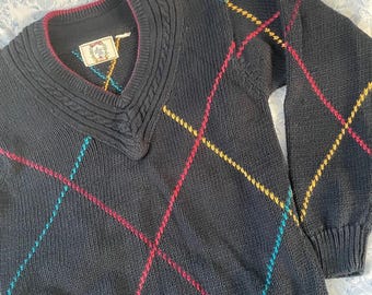 Vintage Old Money Diamond Knit Sweater 90s V Neck Pullover Preppy Yuppy Kid Core Primary Colors Retro Aesthetic