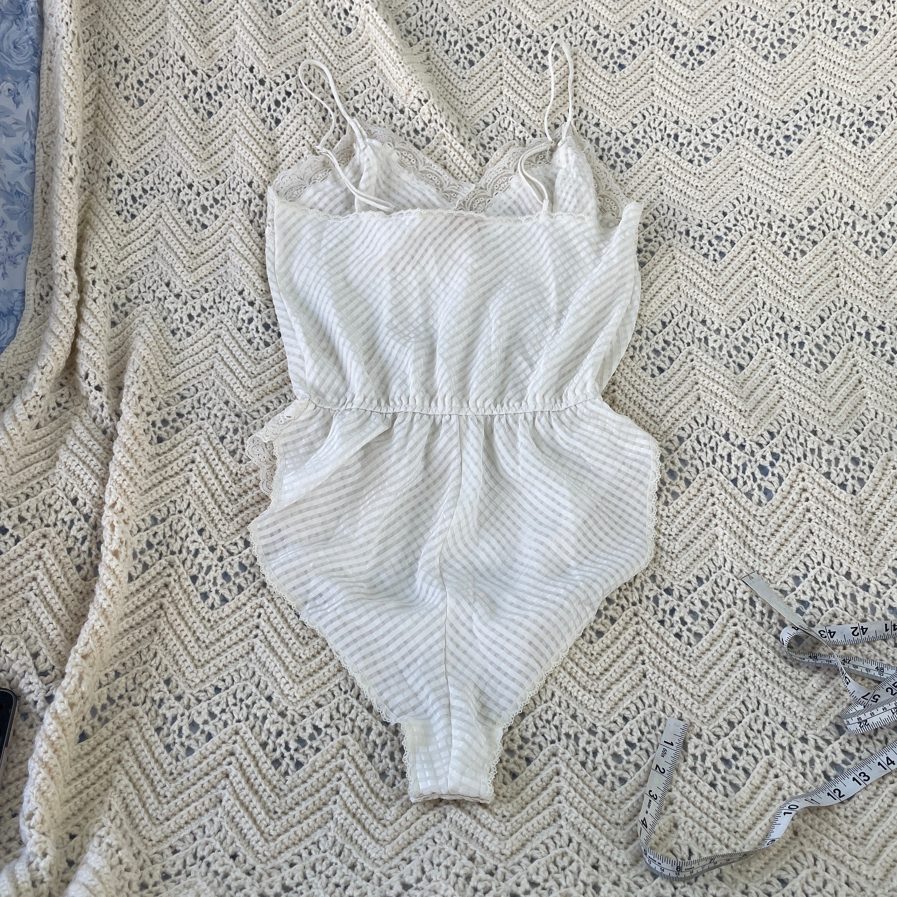 Vintage Teddy Romper High Cut Thigh 90s Scalloped Lace Trim Bridal One ...