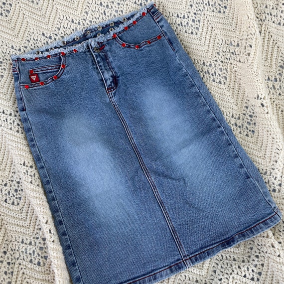 Vintage Guess Skirt 90s Mid Rise Raw Hem Rhinesto… - image 7