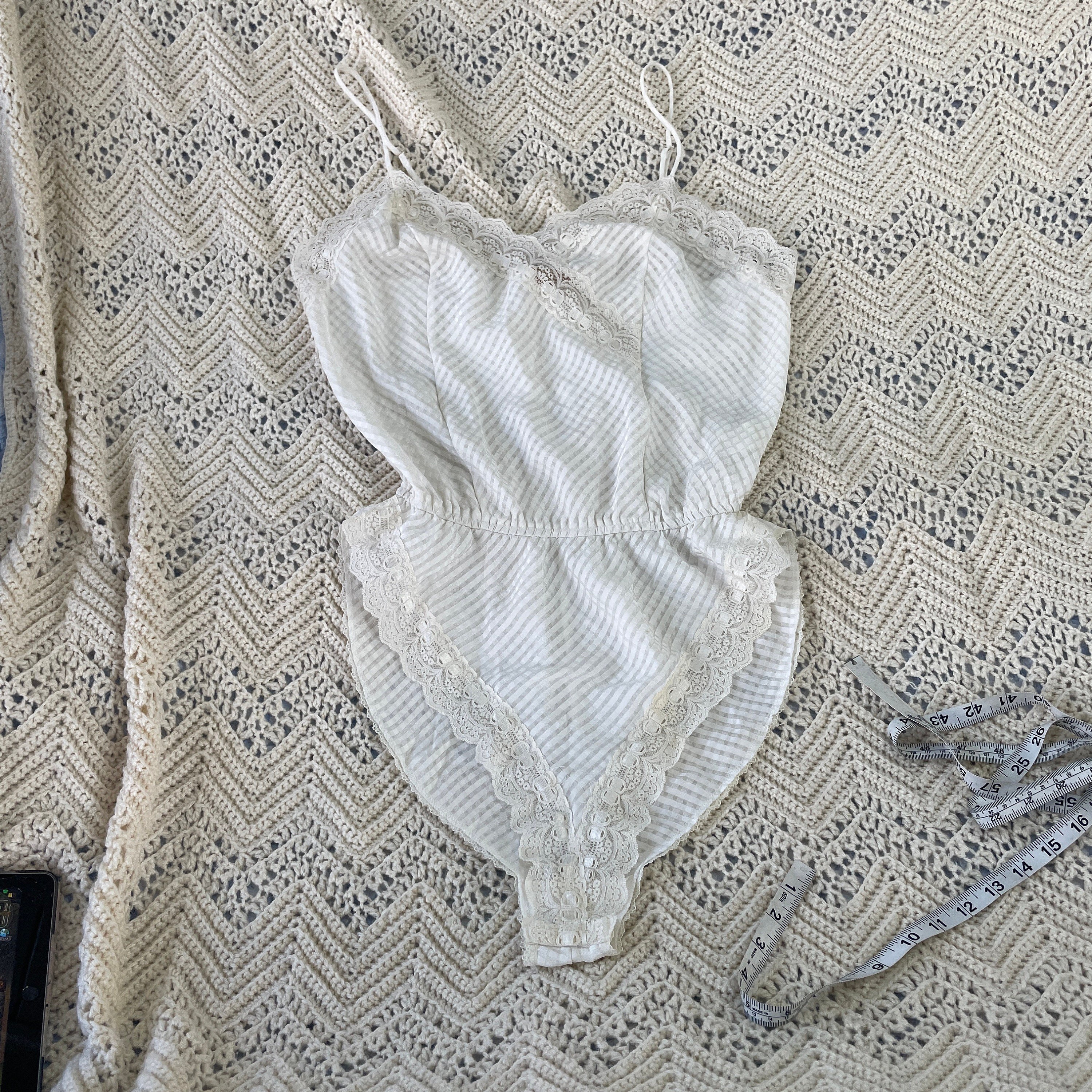 Vintage Teddy Romper High Cut Thigh 90s Scalloped Lace Trim Bridal One ...