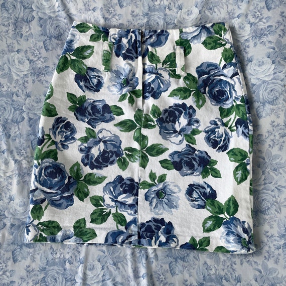 Vintage Made in USA 90s Floral Denim Skirt Blue R… - image 5