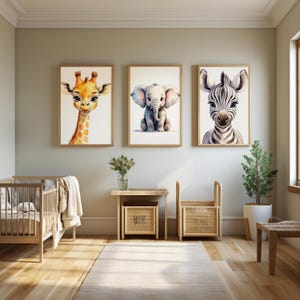 Safari Animal Nursery Wall Art Set of 3, Neutral Jungle Themed Room Decor, Giraffe Elephant Zebra Prints, Cute Zoo Animals For Baby Playroom
